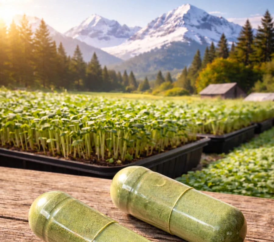 Three green  freeze-dried broccoli microgreen capsules on a wooden surface with a scenic background of mountains and fields.